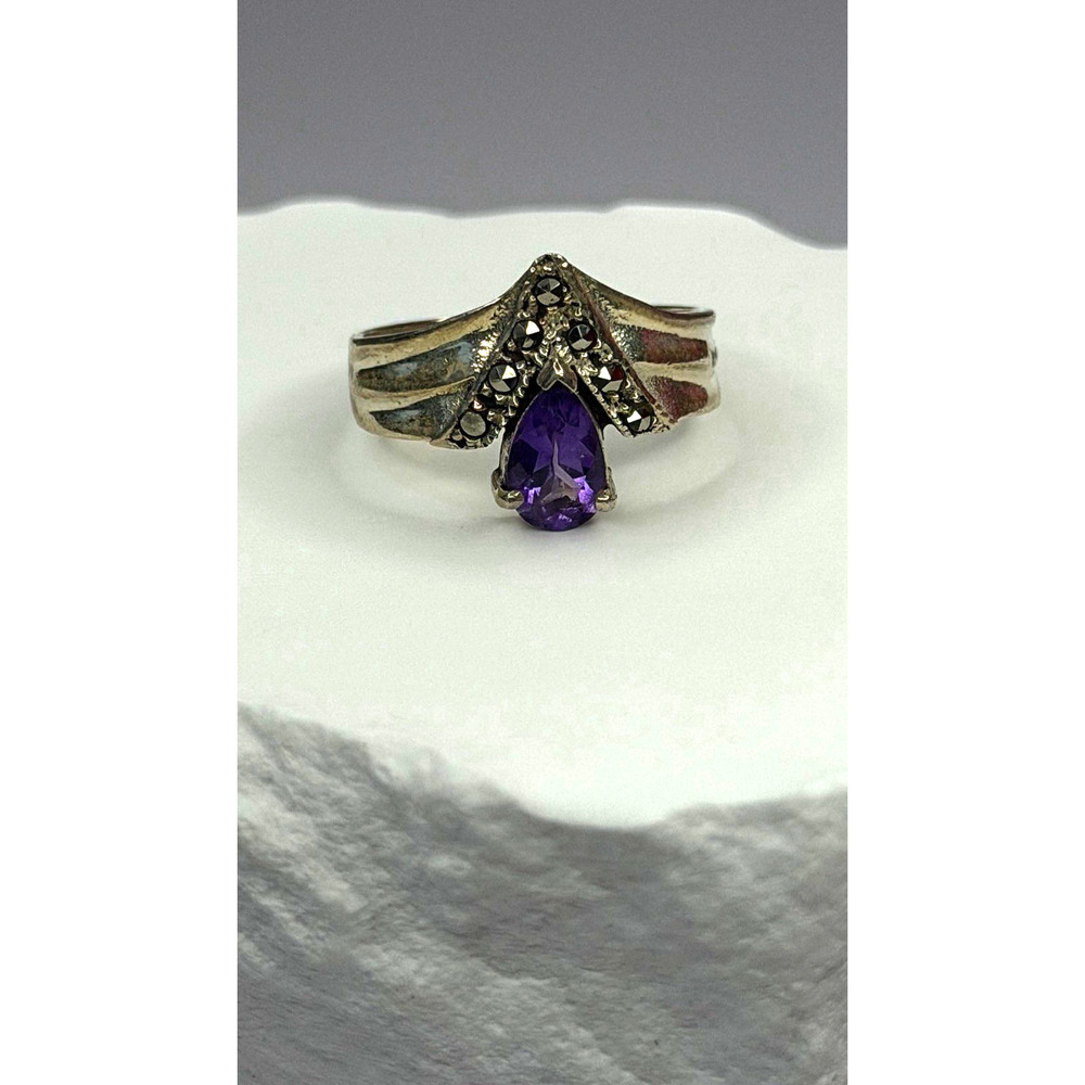 Vintage 925 Sterling Silver Amethyst & Marcasite Ring Size 7.5